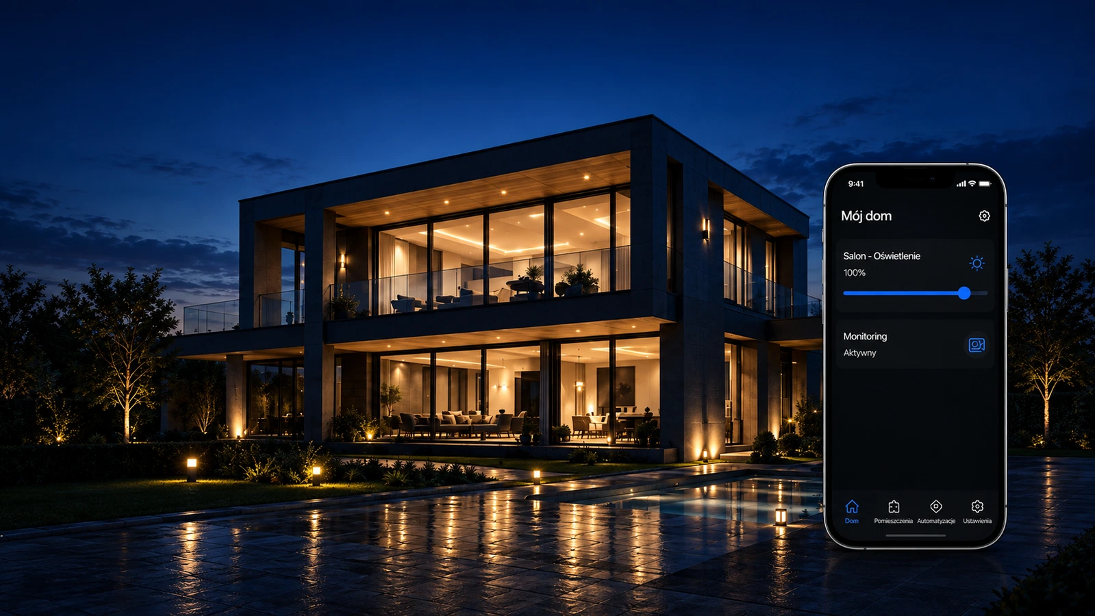 Nowoczesny dom z oświetleniem Smart Home o zmierzchu